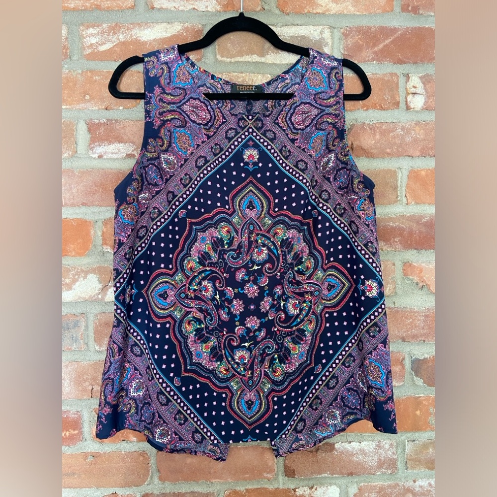 Renee C XL Linscott Split Back Sleeveless Blouse Shirt Tank Patterned
